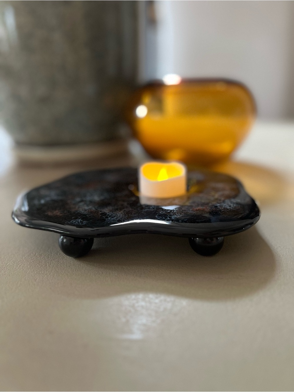 Marcia Newren Signed Studio Glass Tealight Holder Organic Textured Fused Glass